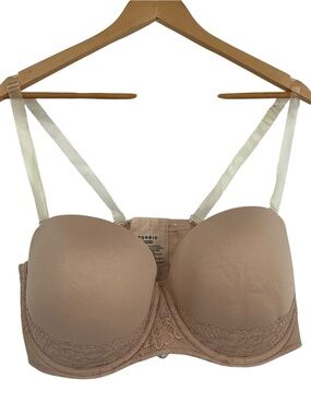 Torrid Size 42DD Tan Bra Strapless Push-Up Lace Convertible Clear-strap Nylon